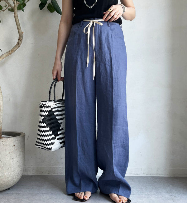  「リネン紐ドロストパンツ」|チノ|ブルー