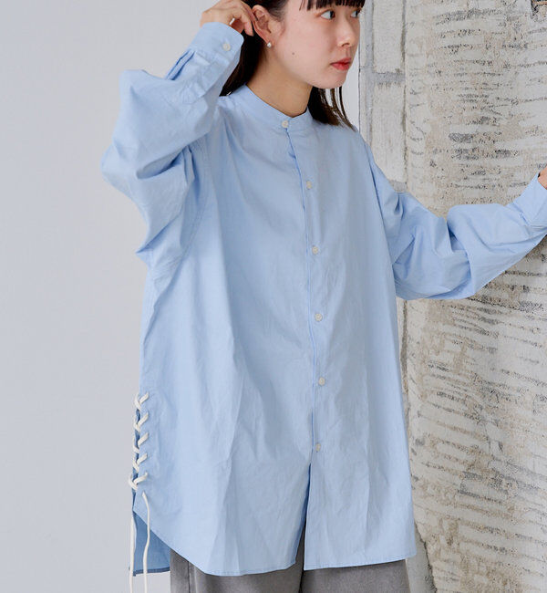  「【WHIMSIC】ノーカラーレースアップシャツ」|シャツ・ブラウス|サックスブルー