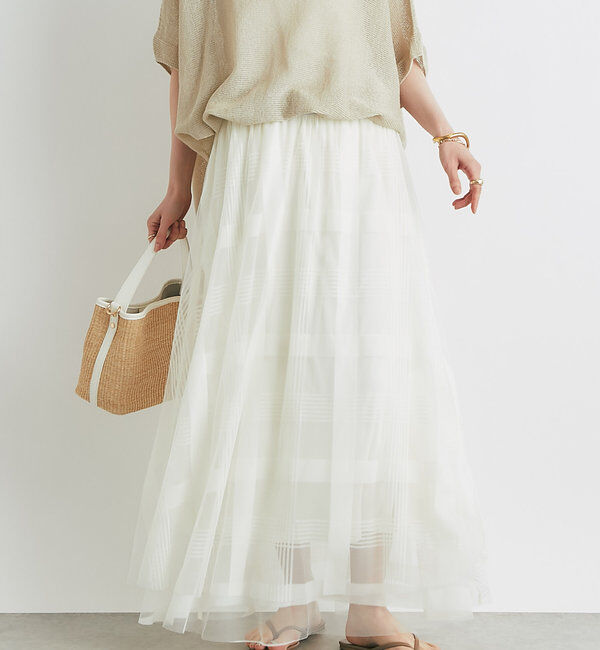  「チュールチェック柄フレアスカート」|スカート|オフホワイト