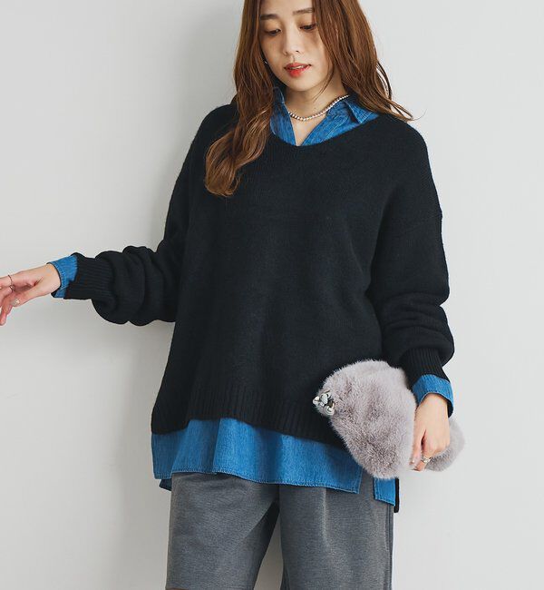  「《人気アイテム・柔らかく軽い着心地》ヤクライクVネックニット」|ニット・セーター|ブラック