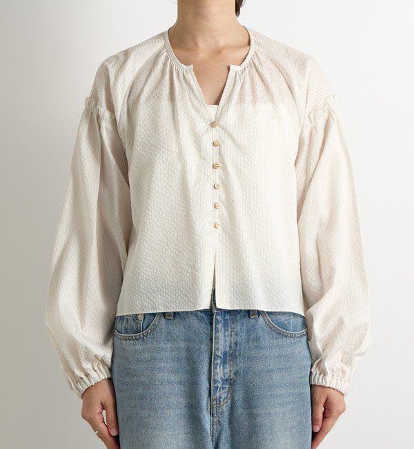  「【着映え】ストライプギャザーブラウス」|シャツ・ブラウス|