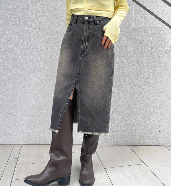  「[mline]ミディ丈デニムスカート」|スカート|ブラック