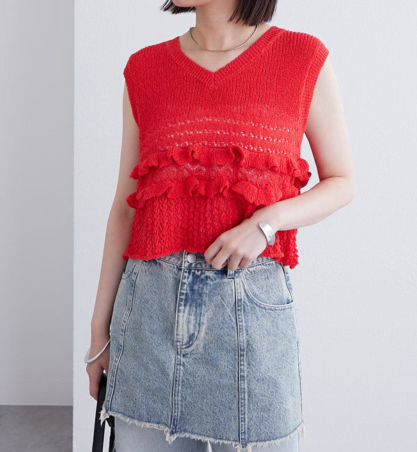  「フリルニットベスト」|ニット・セーター|レッド