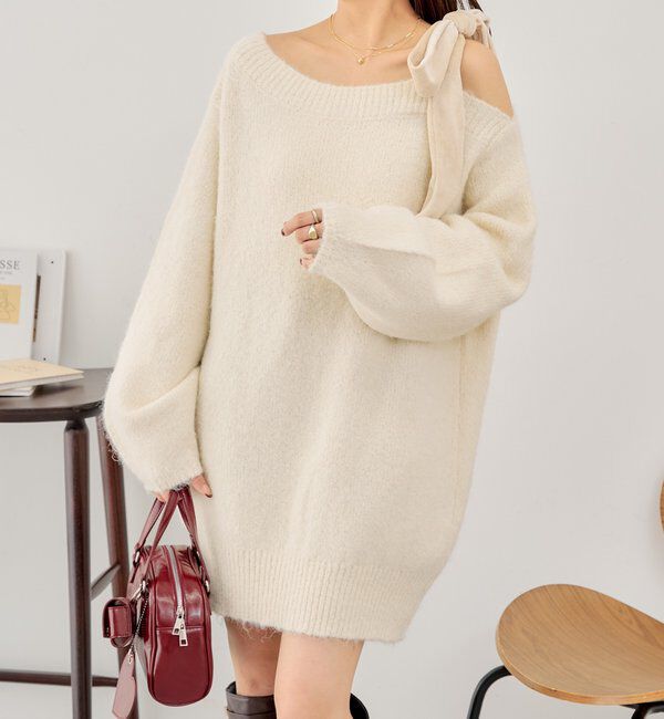  「ベロアリボンワンショルシャギーミニワンピース」|ワンピース|アイボリー