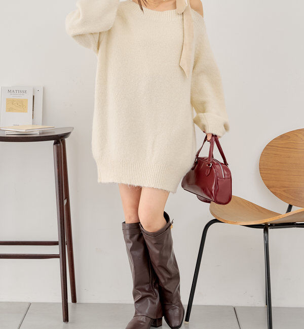  「ベロアリボンワンショルシャギーミニワンピース」|ワンピース|