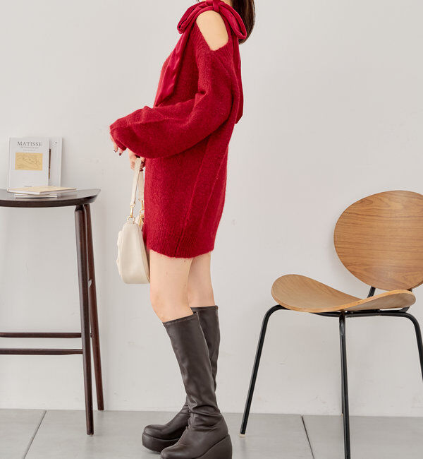  「ベロアリボンワンショルシャギーミニワンピース」|ワンピース|