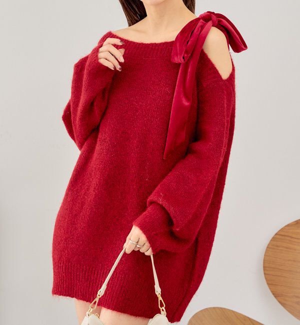  「ベロアリボンワンショルシャギーミニワンピース」|ワンピース|