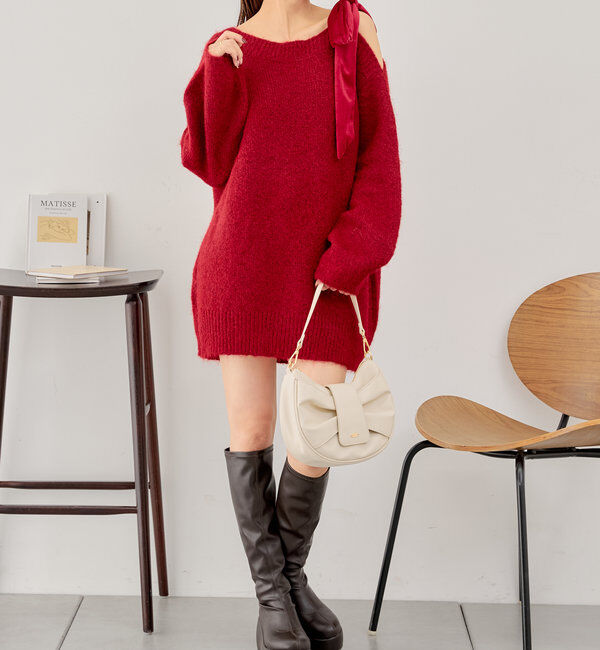  「ベロアリボンワンショルシャギーミニワンピース」|ワンピース|