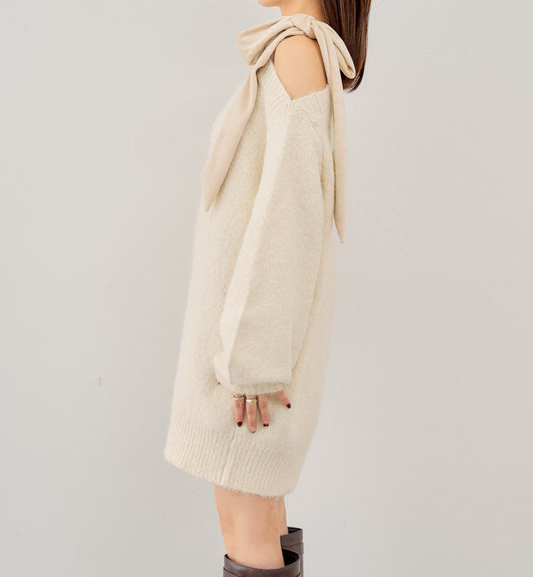  「ベロアリボンワンショルシャギーミニワンピース」|ワンピース|