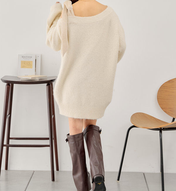  「ベロアリボンワンショルシャギーミニワンピース」|ワンピース|