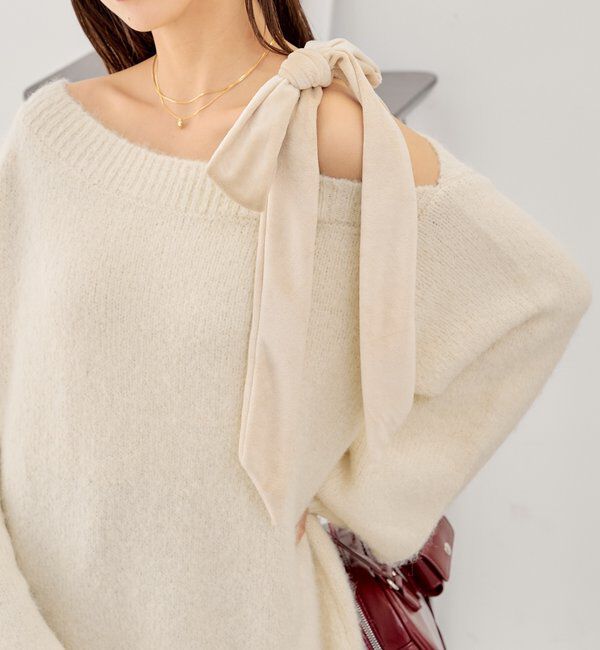  「ベロアリボンワンショルシャギーミニワンピース」|ワンピース|