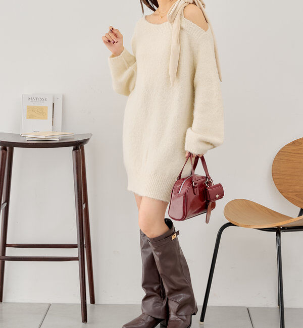  「ベロアリボンワンショルシャギーミニワンピース」|ワンピース|