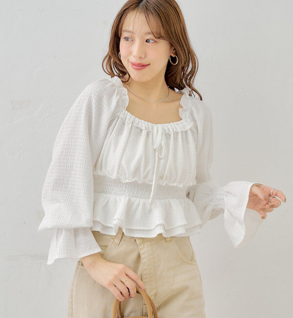 「シャーリングパワショルフリルトップス」|シャツ・ブラウス|ホワイト