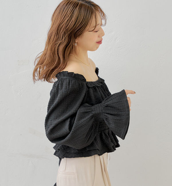  「シャーリングパワショルフリルトップス」|シャツ・ブラウス|