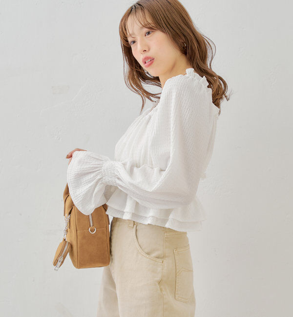  「シャーリングパワショルフリルトップス」|シャツ・ブラウス|