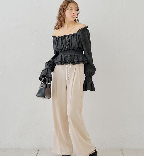  「シャーリングパワショルフリルトップス」|シャツ・ブラウス|