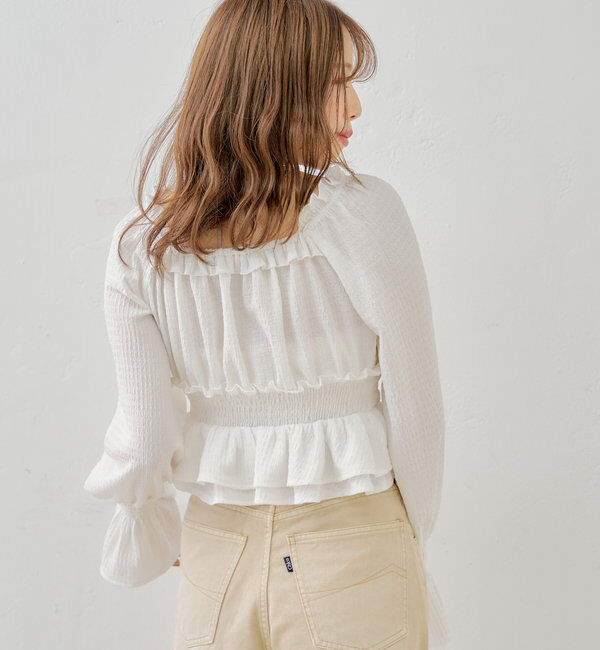  「シャーリングパワショルフリルトップス」|シャツ・ブラウス|
