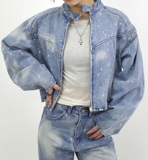  「スプレーブリーチデニムブルゾン」|ブルゾン・スタジャン|サックスブルー