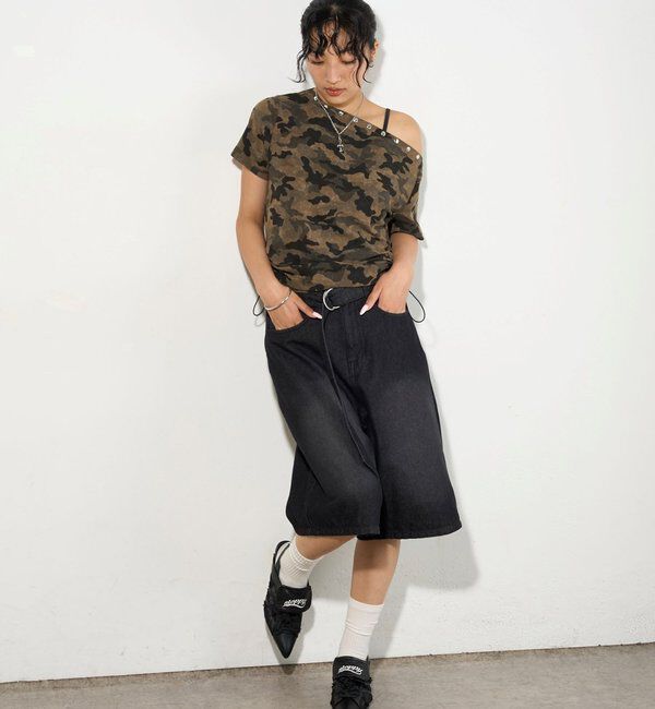  「【2サイズ】PFベルト付きデニムハーフパンツ 」|デニム|