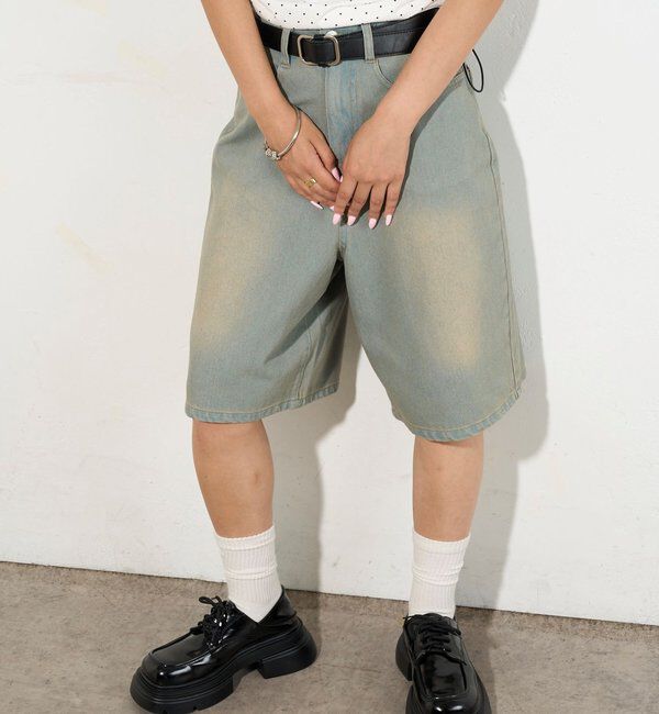  「【2サイズ】PFベルト付きデニムハーフパンツ 」|デニム|