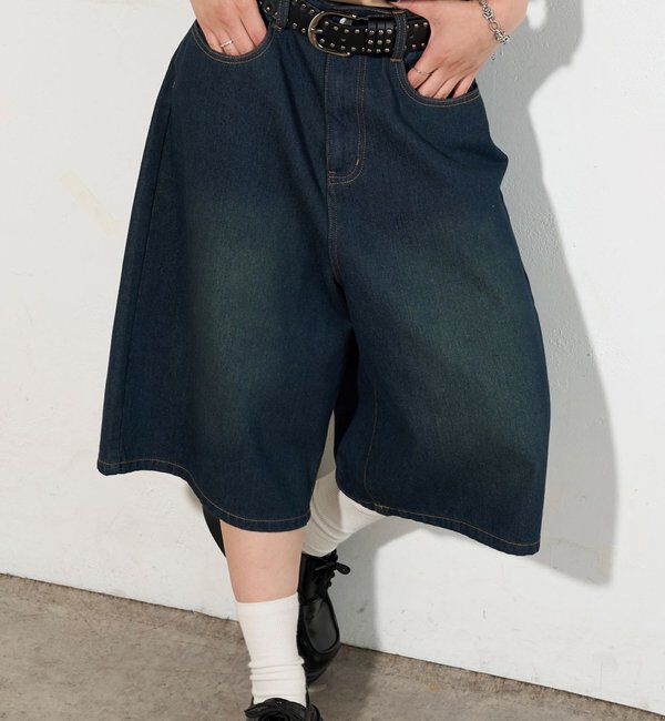  「【2サイズ】PFベルト付きデニムハーフパンツ 」|デニム|