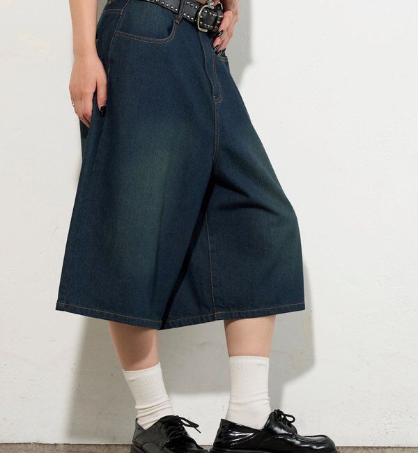  「【2サイズ】PFベルト付きデニムハーフパンツ 」|デニム|