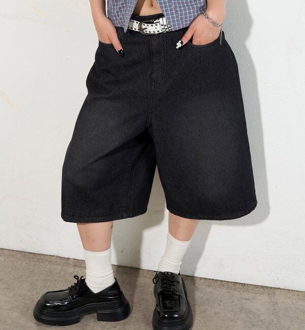  「【2サイズ】PFベルト付きデニムハーフパンツ 」|デニム|