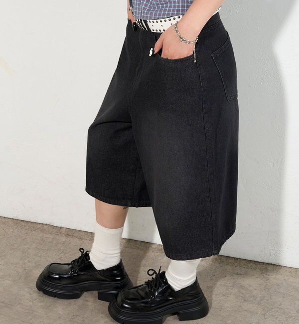  「【2サイズ】PFベルト付きデニムハーフパンツ 」|デニム|