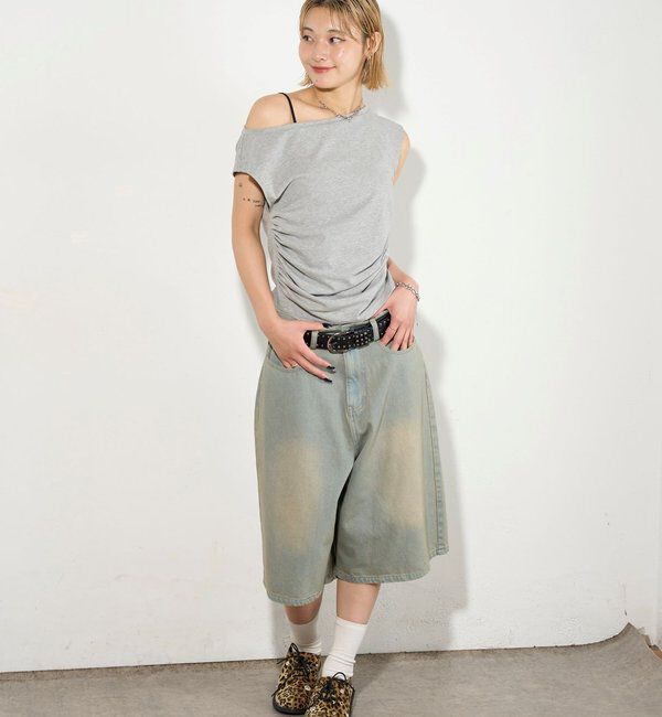  「【2サイズ】PFベルト付きデニムハーフパンツ 」|デニム|