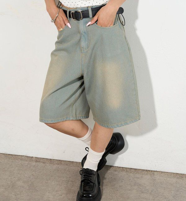  「【2サイズ】PFベルト付きデニムハーフパンツ 」|デニム|
