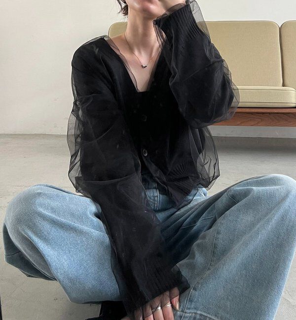  「【1枚で着映え】チュールレイヤードカーディガン」|カーディガン|ブラック