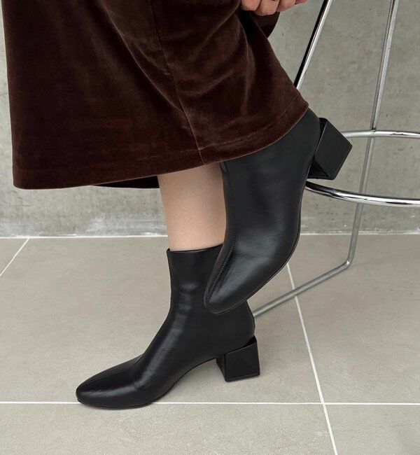  「スクエアヒールショートブーツ」|ショートブーツ|ブラック