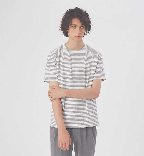 ABAHOUSE「【ノンストレス】COTTON LYCRA 圧着 クルーネック 半袖 ボーダーTシ」|Tシャツ・カットソー|ホワイト