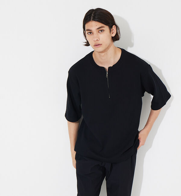 ABAHOUSE「オーガニックコットン ワッフル ハーフジップ 変形 Tシャツ」|Tシャツ・カットソー|ブラック