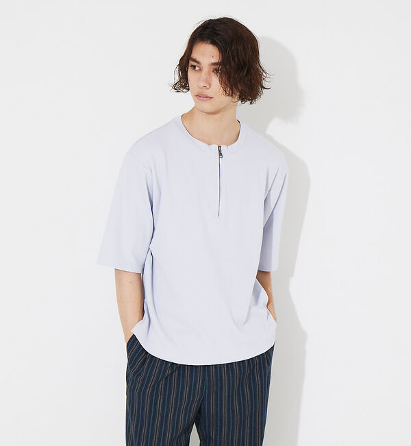 ABAHOUSE「オーガニックコットン ワッフル ハーフジップ 変形 Tシャツ」|Tシャツ・カットソー|サックスブルー