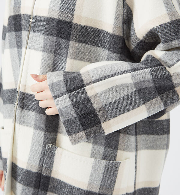 qualite「チェックダブルフェイスストールコート」|ノーカラーコート|