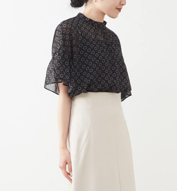 TIARA「ドット&times;ドットハイネックフリルブラウス」|シャツ・ブラウス|ブラック