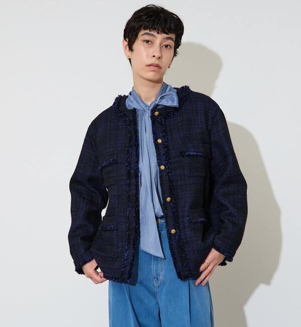 Liesse「フリンジノーカラーツイードジャケット」|ノーカラージャケット|ネイビー