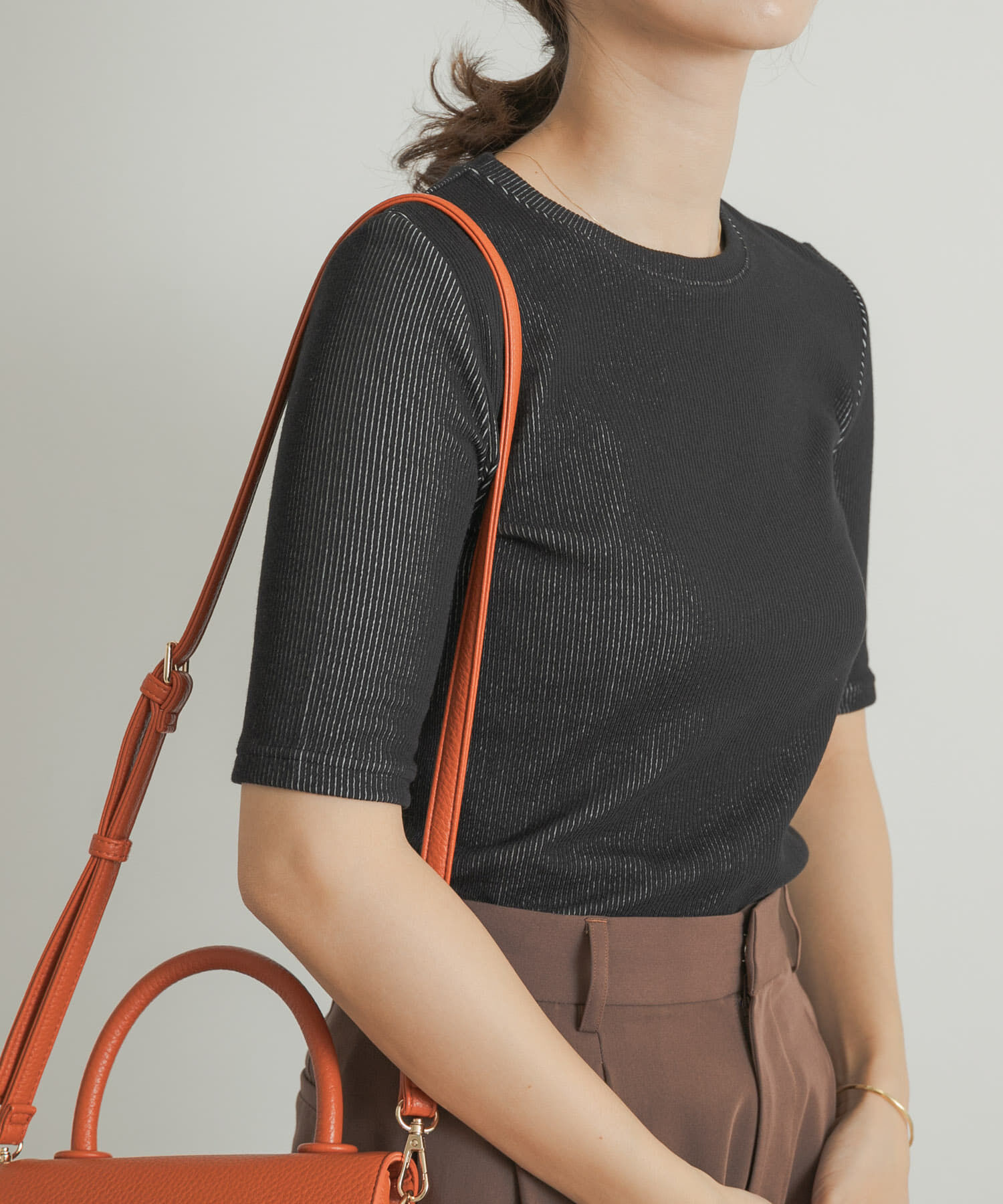 URBAN RESEARCH DOORS「配色リブ5分袖プルオーバー」|Tシャツ・カットソー|ブラック