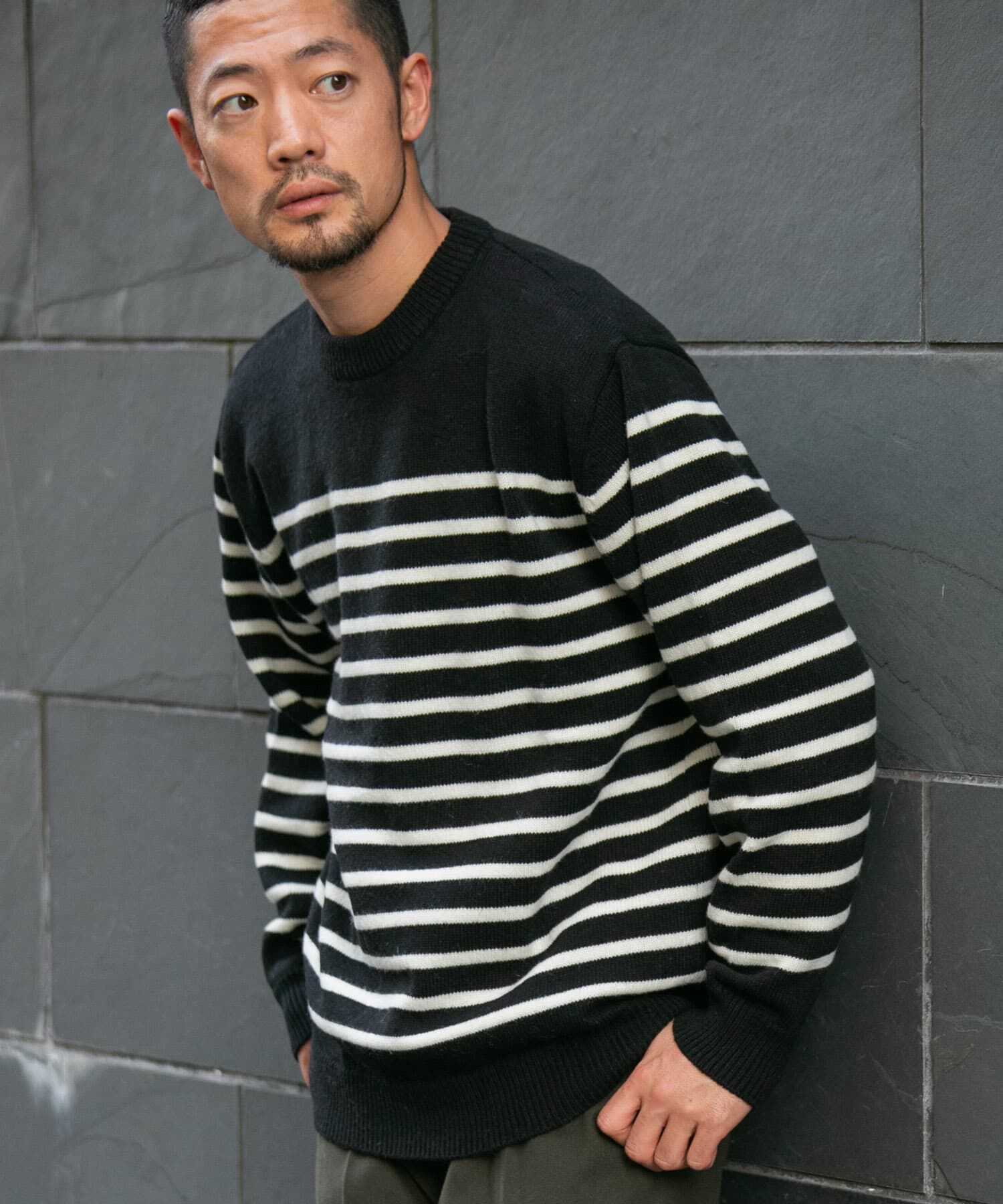 URBAN RESEARCH ROSSO「『XLサイズあり』ボーダークルーネックニット」|ニット・セーター|ブラック