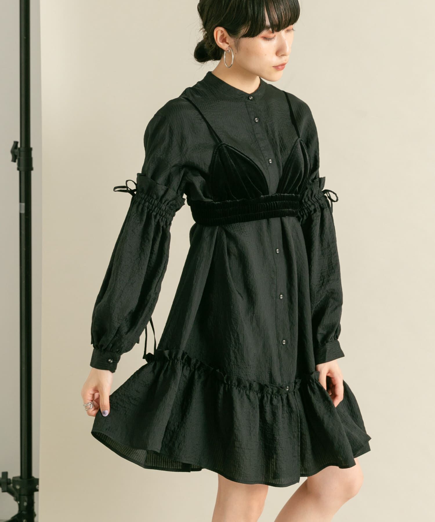  「ボリュームスリーブストライプミニワンピース」|ワンピース|