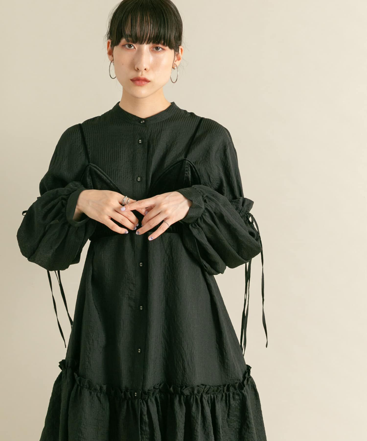  「ボリュームスリーブストライプミニワンピース」|ワンピース|