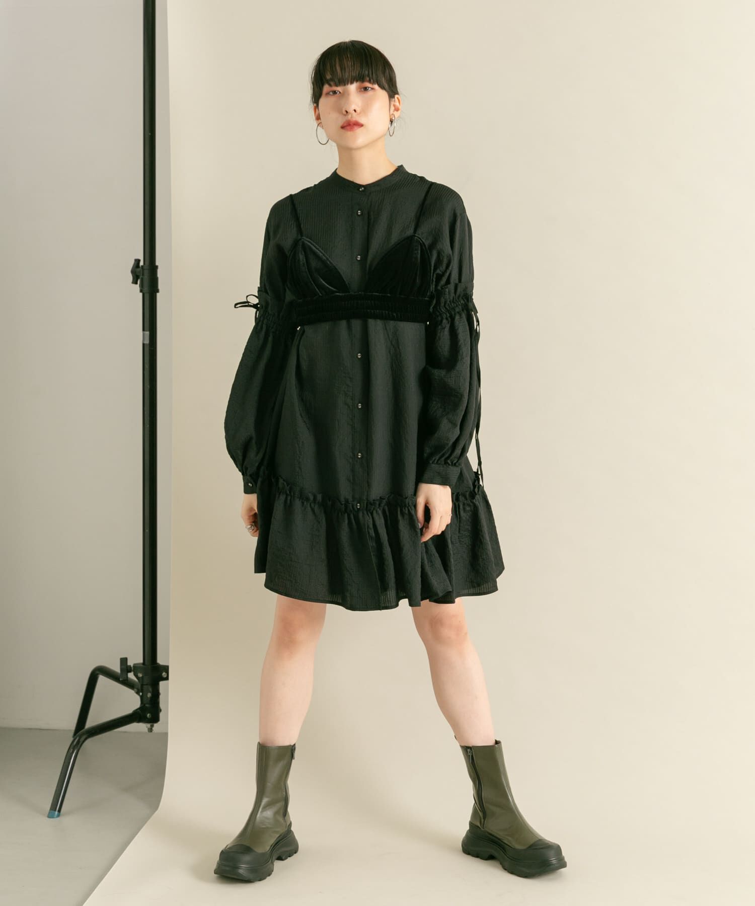  「ボリュームスリーブストライプミニワンピース」|ワンピース|