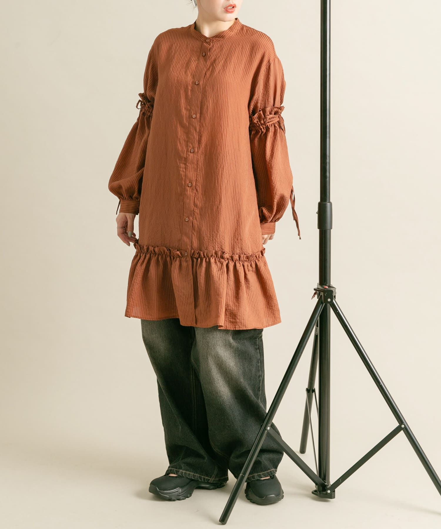  「ボリュームスリーブストライプミニワンピース」|ワンピース|