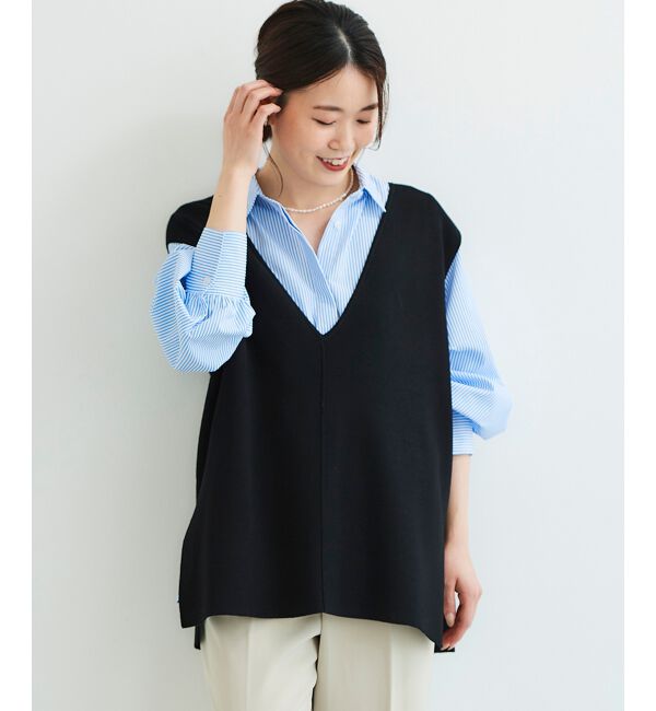 le.coeur blanc「《手洗い可能》ミラノリブVネックベスト」|ベスト・ジレ|ブラック