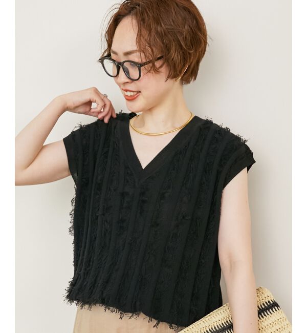  「《手洗い可能》フリンジVネックフレンチニット」|ニット・セーター|