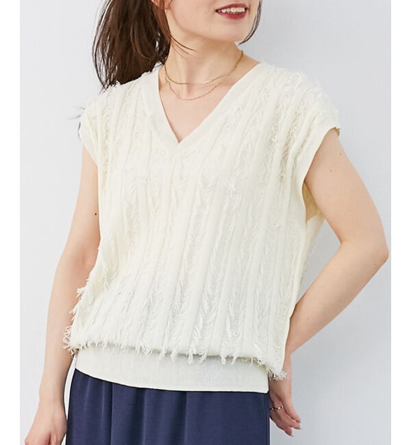  「《手洗い可能》フリンジVネックフレンチニット」|ニット・セーター|