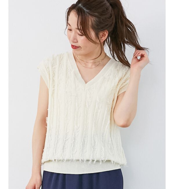  「《手洗い可能》フリンジVネックフレンチニット」|ニット・セーター|