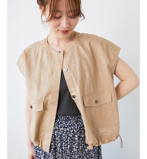  「《手洗い可能》コットン麻ノーカラーシャツジャケット」|ダウン|