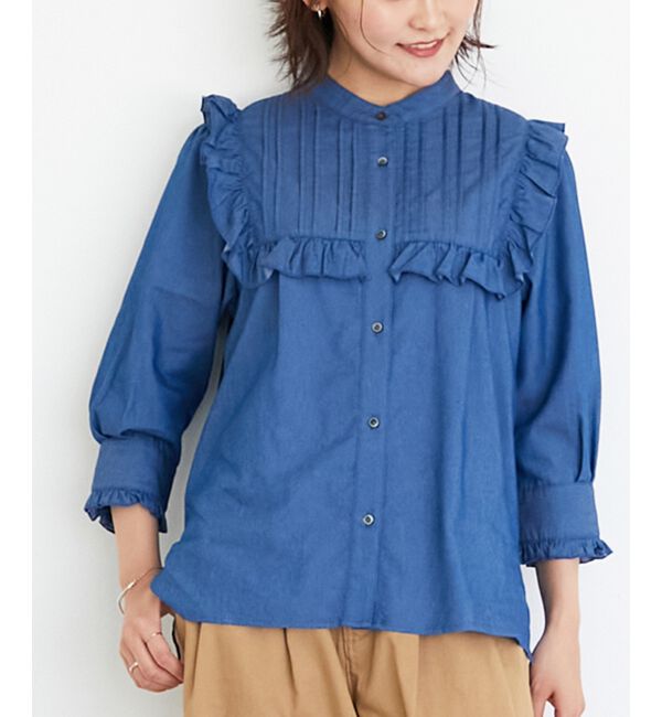  「デニムフリルブラウス」|シャツ・ブラウス|ブルー